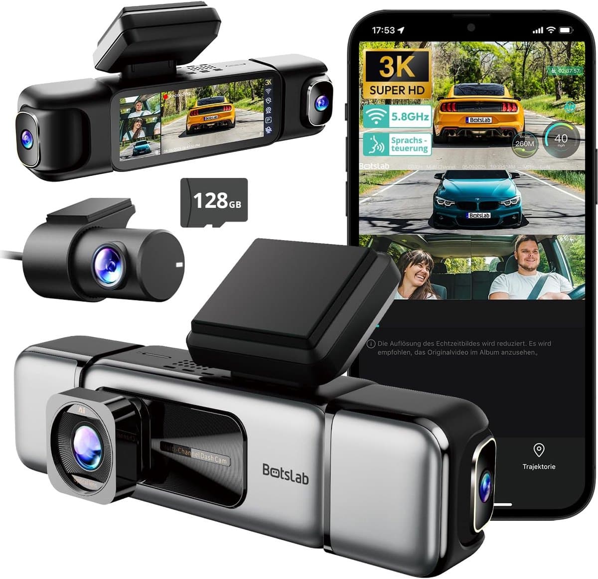 BOTSLAB 4-kanaals dashcam voor auto (voor- en achterkant), 4-kanaals 3K + 3 * 1080P, autodashcam met 128GB SD-kaart, GPS, 5GHz WiFi, 3.18" IPS-scherm, super nachtzicht, WDR, G-sensor, loopopname, parkeermonitor