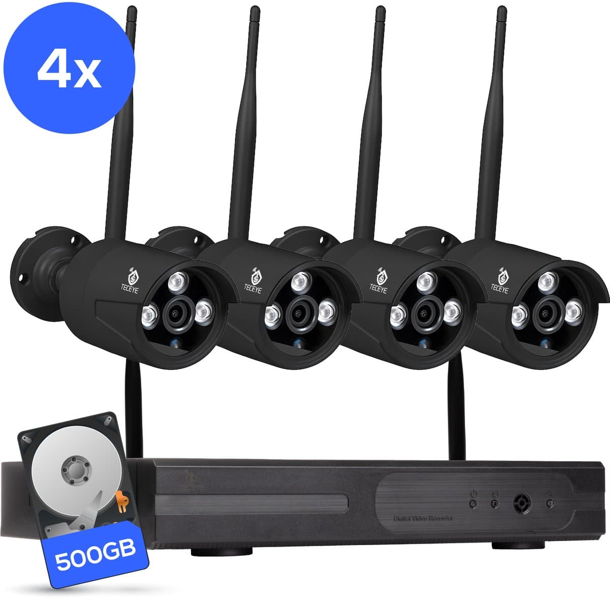 Teceye Compleet Camera Beveiliging Set met 4x Wifi IP Camera - CCTV Camerasysteem, Beveiligingscamera binnen , Wifi Beveiligingscamera Set Buiten - Beveiligingscamera - Beveiligingscamera buiten - Beveiligingscamera Draadloos buiten