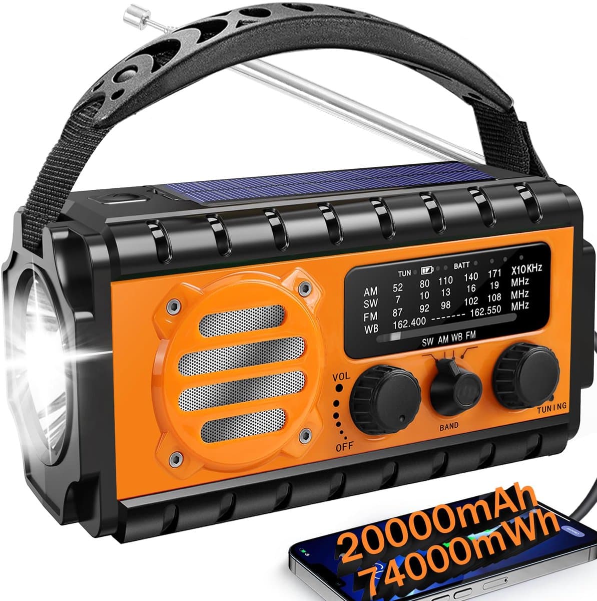 Noodradio met 20000mAh Powerbank - SW/NOAA/AM/FM weerradio, handbediende oplader met grote batterij, draagbaar, opladen van mobiele telefoon, SOS, zaklamp voor noodgevallen/thuis en outdoor