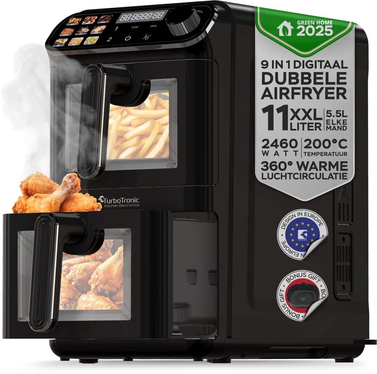 Turbotronic AF510D - Dubbele Airfryer - 11L - Airfryer XXL - Heteluchtfriteuse - Dual Heating - 50ºC tot 200ºC - 6 Kookprogramma's - Zwart