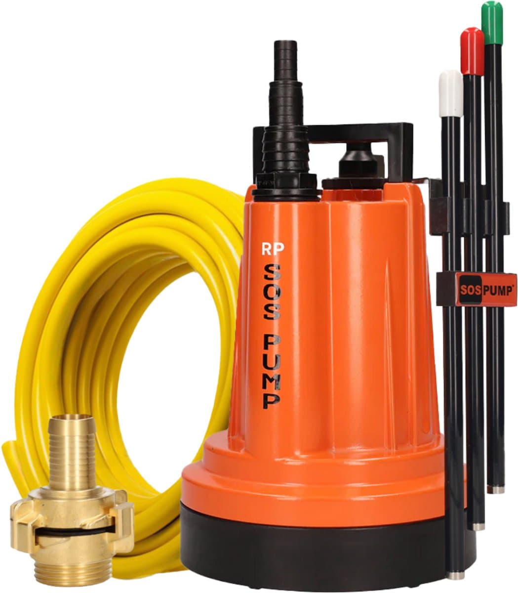 SOS PUMP ® SET Dompelpomp met Schakelaar – Vlakzuigend tot 2 mm – Inclusief 25 m Tuinslang 3/4” (19 mm), Snelkoppelingen & Terugslagklep – Dweilpomp – Vlakzuiger – Kelder – Wateroverlast