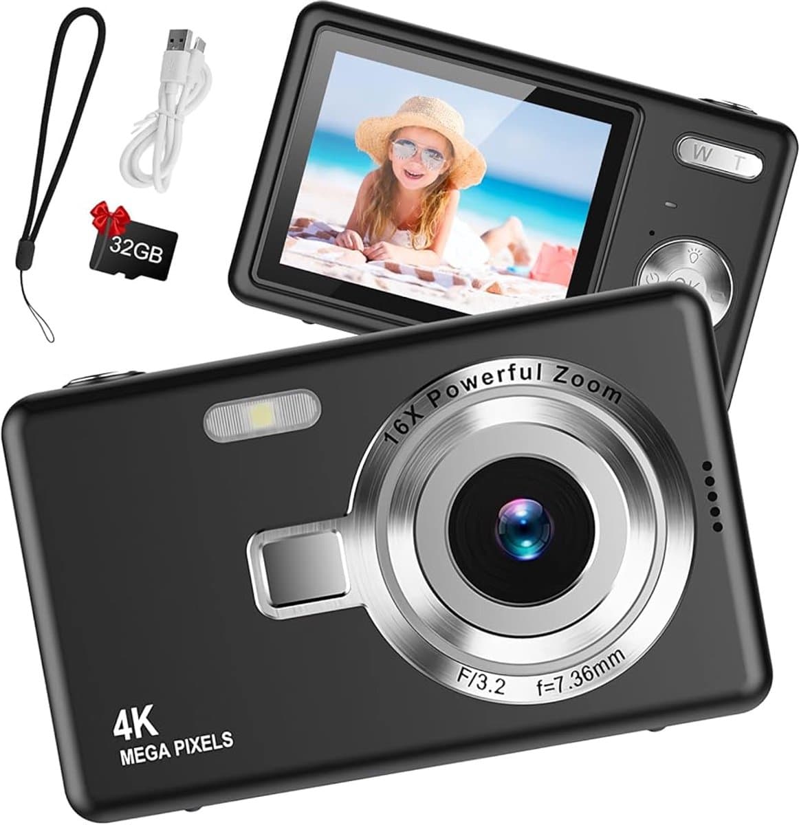 Digitale Camera 44MP - 1080P FHD Video - 2.4 Inch LCD Scherm - 16X Digitale Zoom - Compacte en Draagbare Vlogcamera - Anti Shake Functie - Inclusief 32GB SD Kaart - Zwart