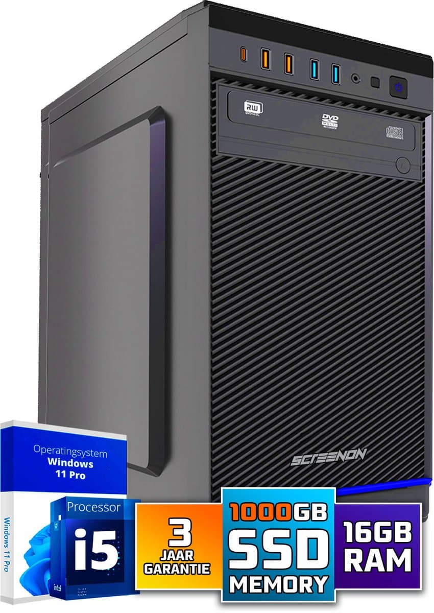 Intel Computer | Intel Core i5 | 16 GB DDR4 | 1 TB SSD | Office Desktop PC | Windows 11 Pro | met 3 jaar online helpdesk + WiFi & Bluetooth