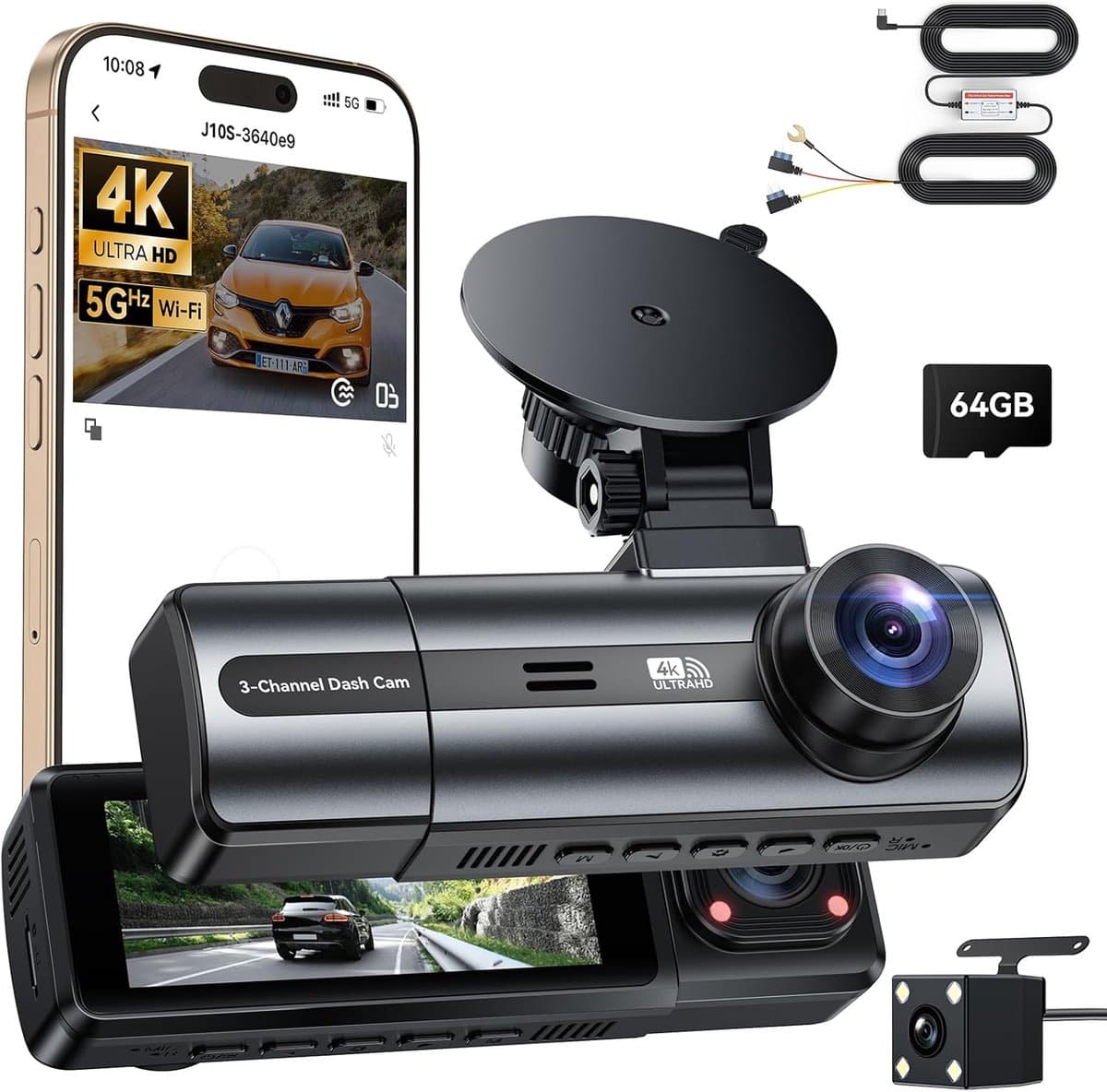 4K dashcam voor de auto - voor en achter met hardwire kit, wifi dashcam met parkeerbewaking, 64 GB SD-kaart, 3-kanaals autocamera met nachtzicht, 170° groothoek, WDR, G-sensor, loopopname