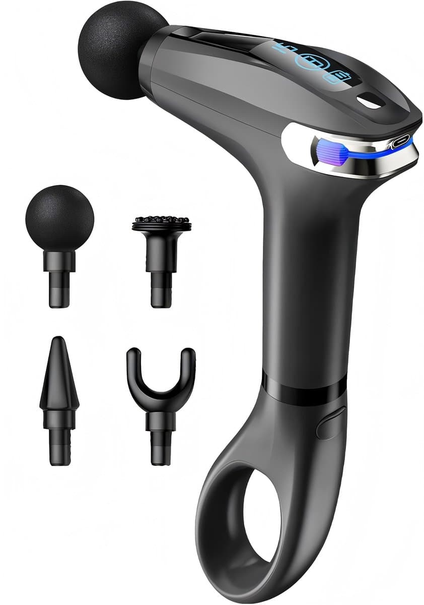 Spier massager pistool – percussie, 8 niveaus, verlengde handgreep,timer 15 min – diepe weefselontspanning – compact en krachtig