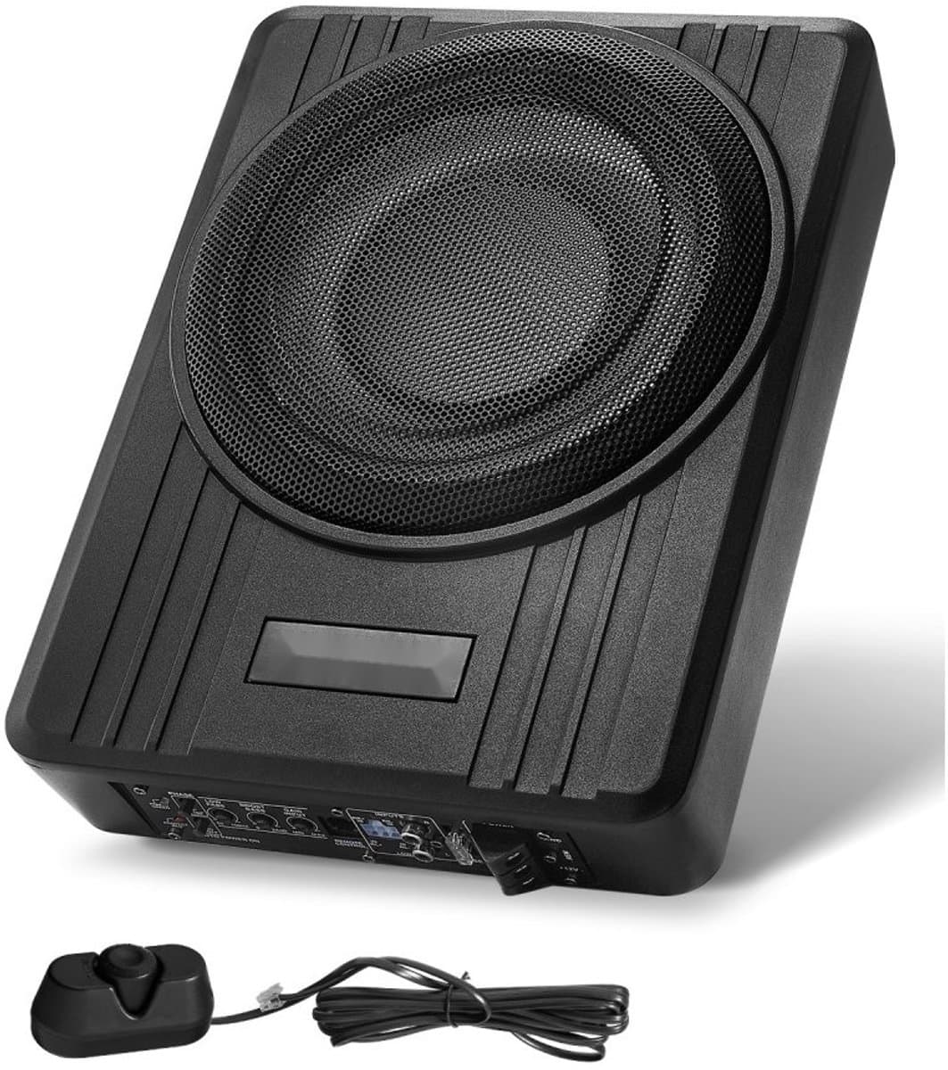 Onderstoel auto subwoofer - Actieve subwoofer 25 cm - Vermogen 300 W - Hoog/laag niveau ingang - Externe basregelaar - Ultraplat design - Geschikt voor auto/SUV/truck