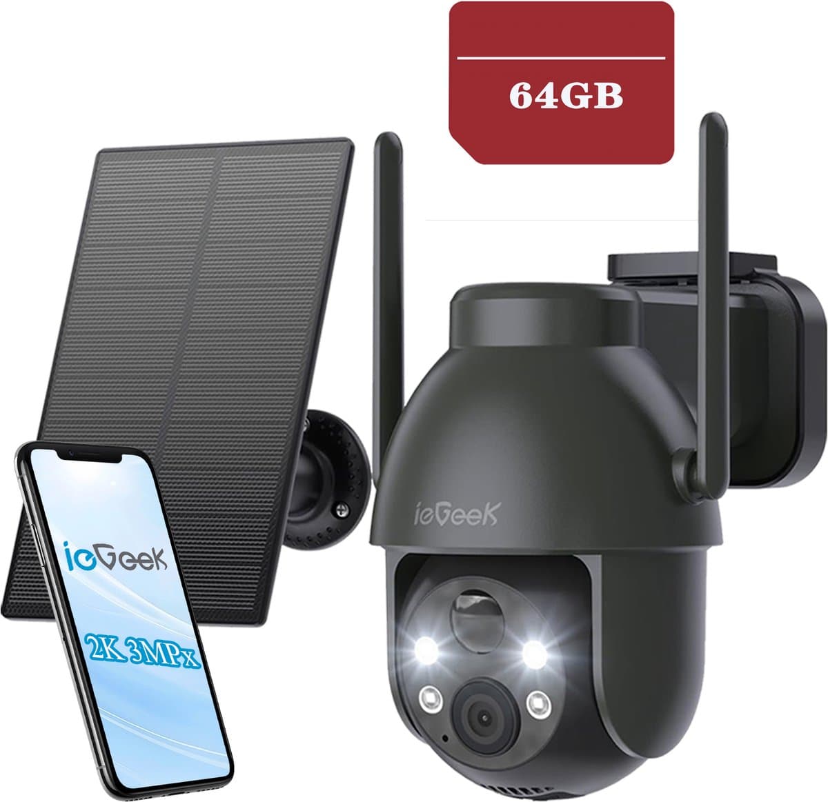 ieGeek 2K PTZ Bewakingscamera Buiten Draadloos met Batterij, Solar WiFi Beveiligingscamera voor thuis met Zonnepaneel en PIR Bewegingsdetectie, Kleuren Nachtzicht CCTV IP Camera Security - zwart - 64GB-KAART