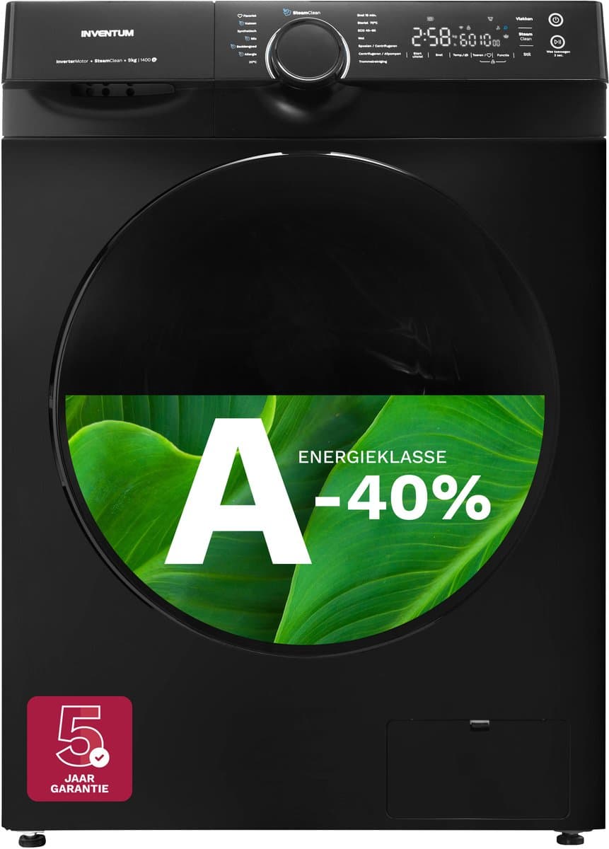 Inventum VWM9010B - Wasmachine - 9kg - 14 programma's - 1400 toeren - Energieklasse A-40% - Steam Clean - Zwart