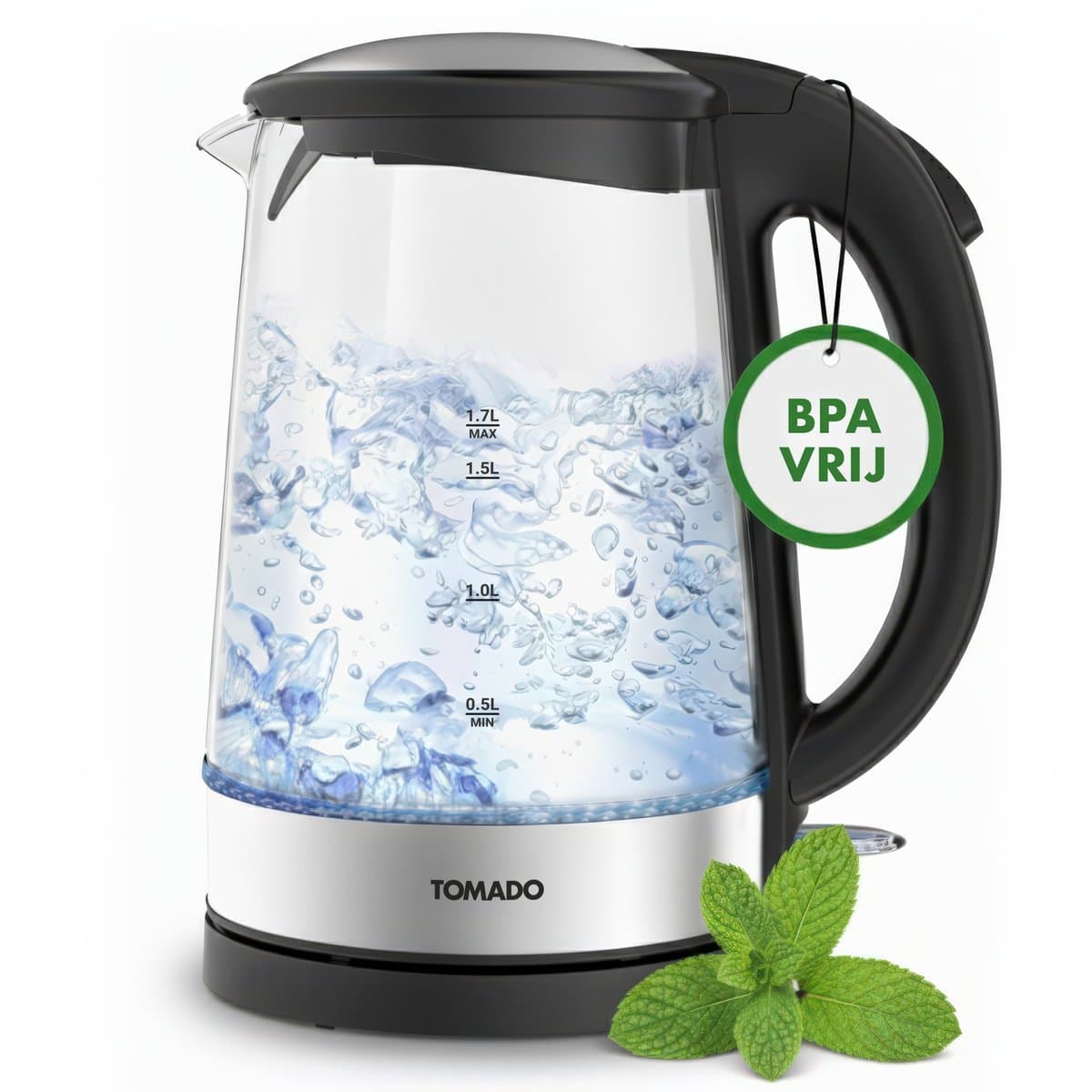 Tomado TWK1706G - Glazen waterkoker - 1,7 liter - Blauw LED verlichting - 2200 watt - RVS