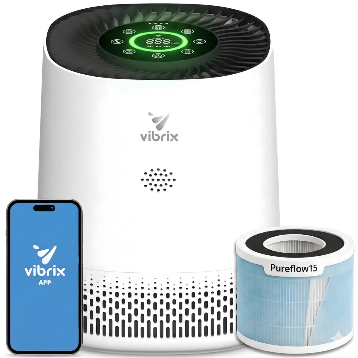 Vibrix PureFlow15 Luchtreiniger / Air Purifier – HEPA H13 + koolstoffilter – 100 m³/u – Voor kamers tot 15 m² – Ionisator – App-bediening – Zeer stil met slaapstand – Luchtkwaliteitindicator