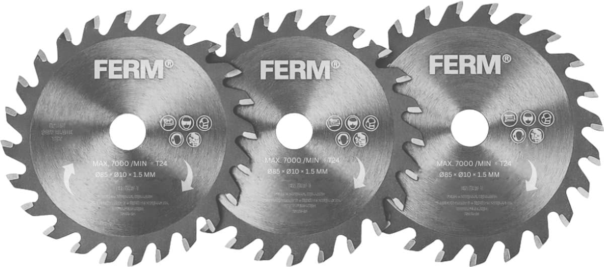 FERM - CSA1060 - Zaagbladenset - Diameter - 85mm - Asgat: - 10mm - 24 tanden - TCT - 3 stuks - voor - ACTION - Mini cirkelzaag - CSM1053