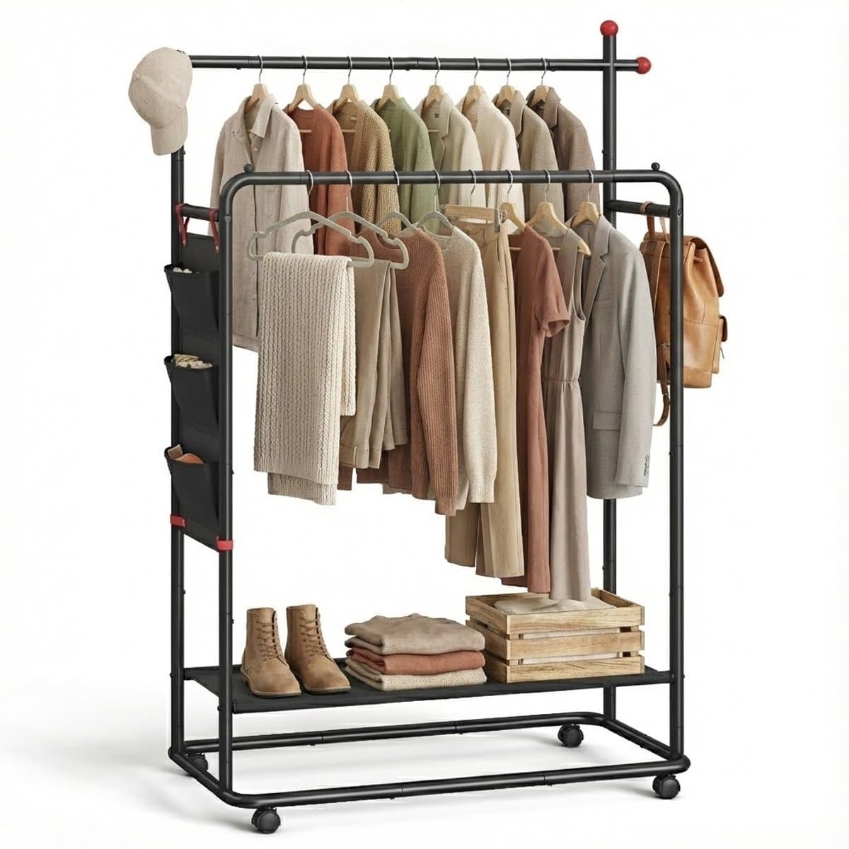 MAZAZU Dubbel Kledingrek op Wielen - Zwart Metaal - Garderoberek met Schoenenrek & Hangorganizer (3 Vakken) - 189 cm Hoog - Belastbaar tot 76 kg - Kapstok