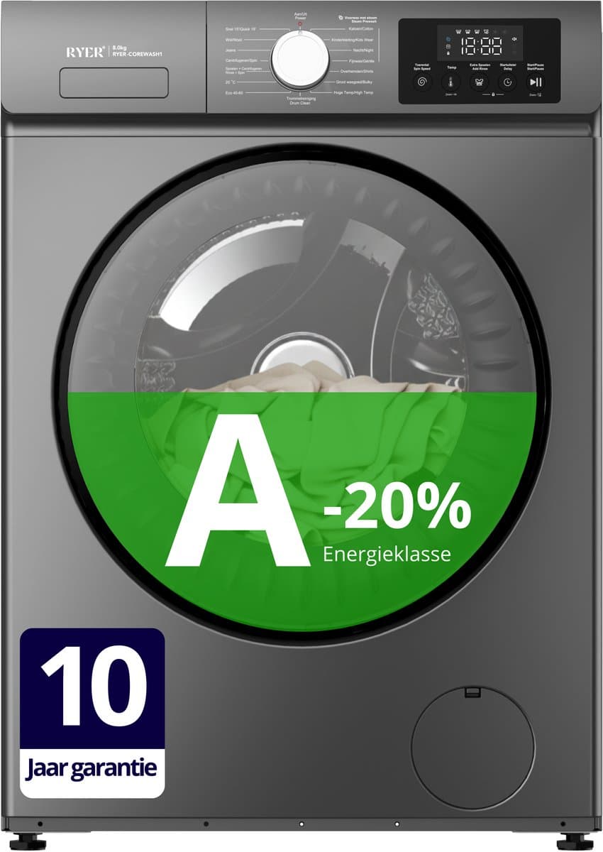 RYER CoreWash - Wasmachine - 8kg - 15 programma’s - 1200 toeren - Energieklasse A-20% - Voorwas met Stoom & Trommelreiniging - 75 dB - Antraciet - 2026 Model - 10 jaar garantie op motor