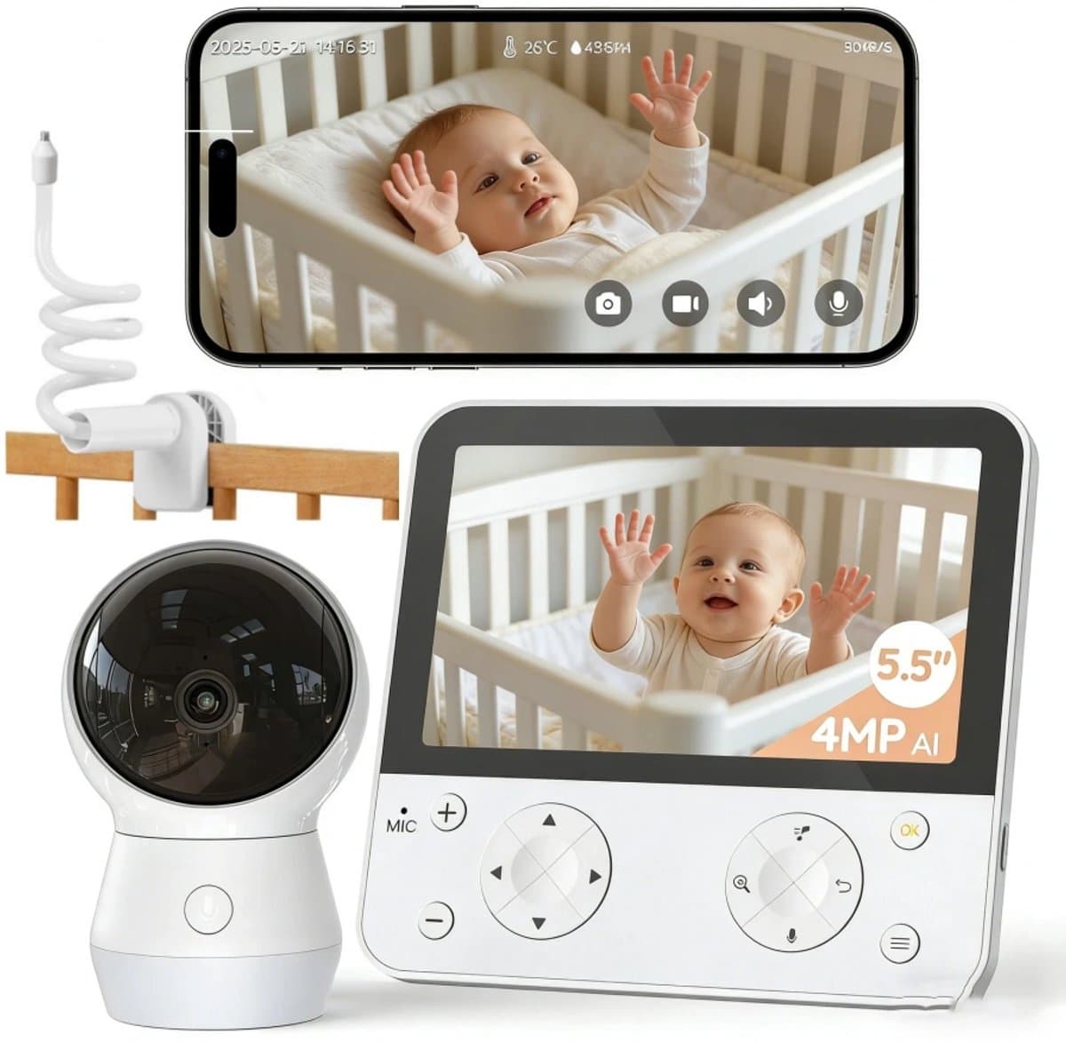 BOIFUN Babyfoon met camera - Baby Monitor met 2 Camera's - Babyfoon met Camera en App - AI-detectie (Slapen op de Buik en Gezichtsgebied) - Nachtlampje - 5.5 Inch Scherm - Video & Audio
