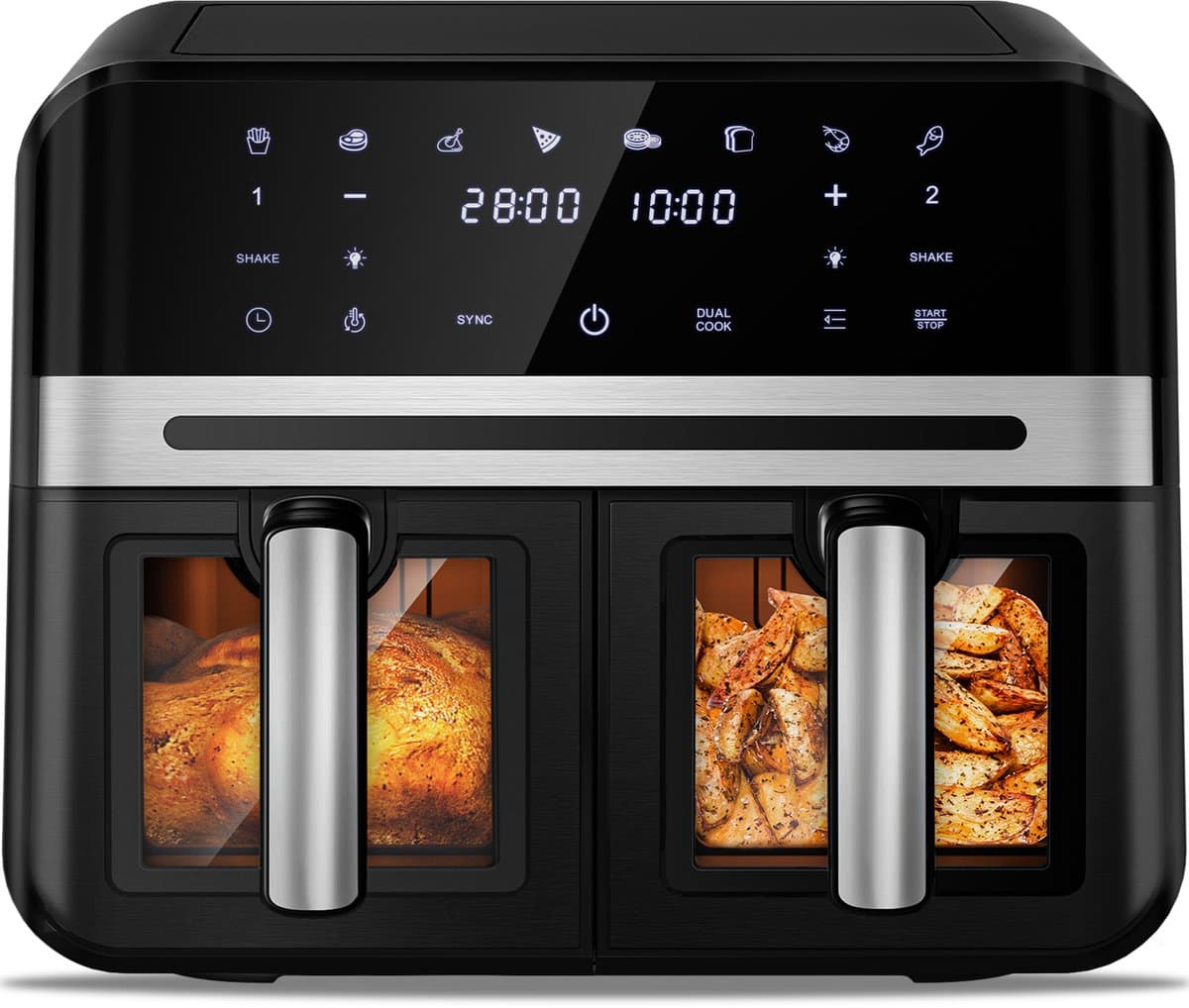 Dubbele Airfryer XXL 10L (2×5L) – 8 Automatische Programma’s – Grote Capaciteit voor 6 Personen – 2500W Krachtig Vermogen – Dual-Zone 2 Manden met SYNC Technologie – Gezond Frituren Zonder Olie – Met Kijkvenster – Zwart