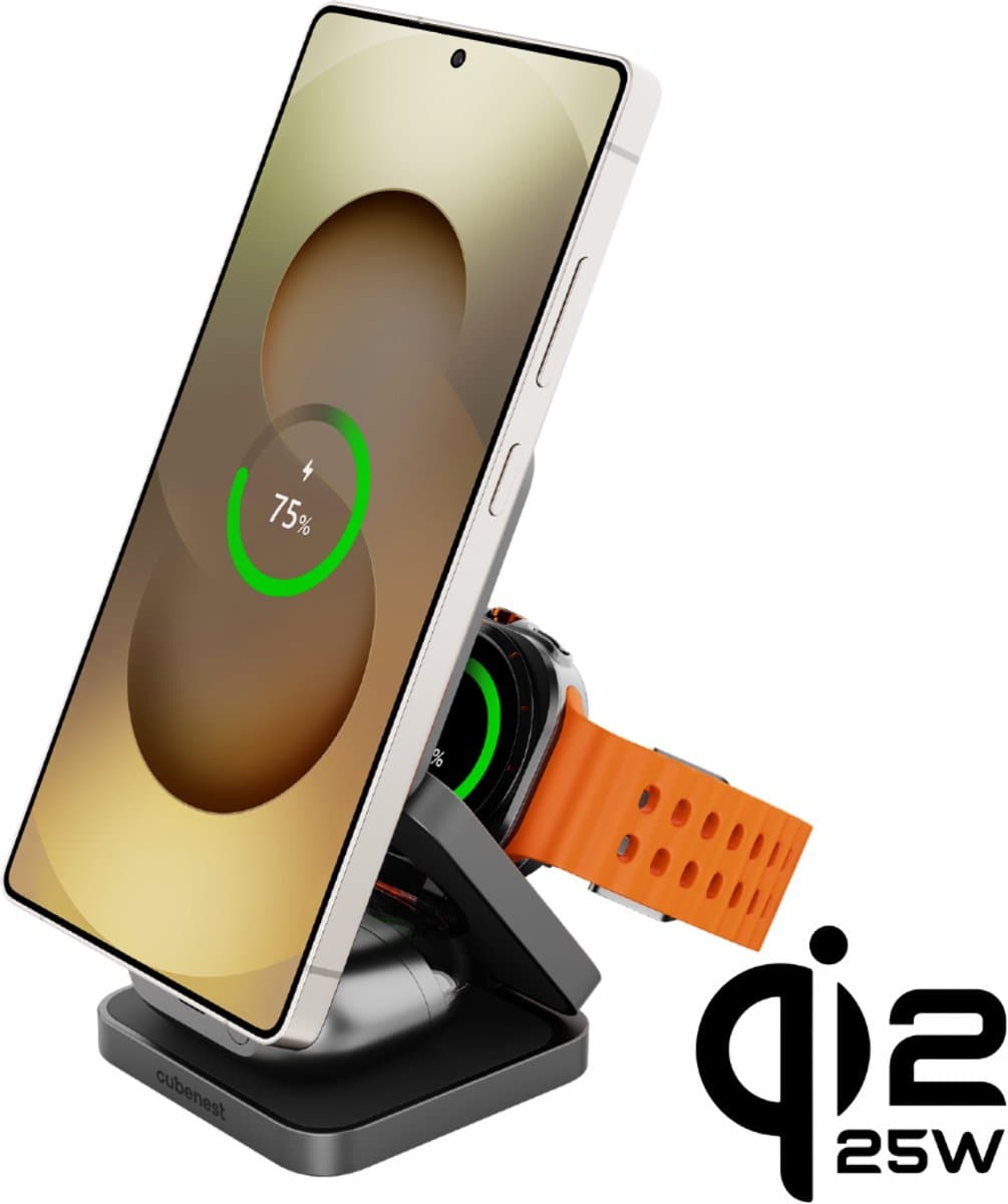 Cubenest SQS312 Pro - 3-in-1 Draadloze Oplader - 35 W Snellader - Qi2.2 Oplaadstation - Opvouwbaar - Geschikt voor Samsung en Apple smartphones - Buds en Airpods - Galaxy Watch - grijs