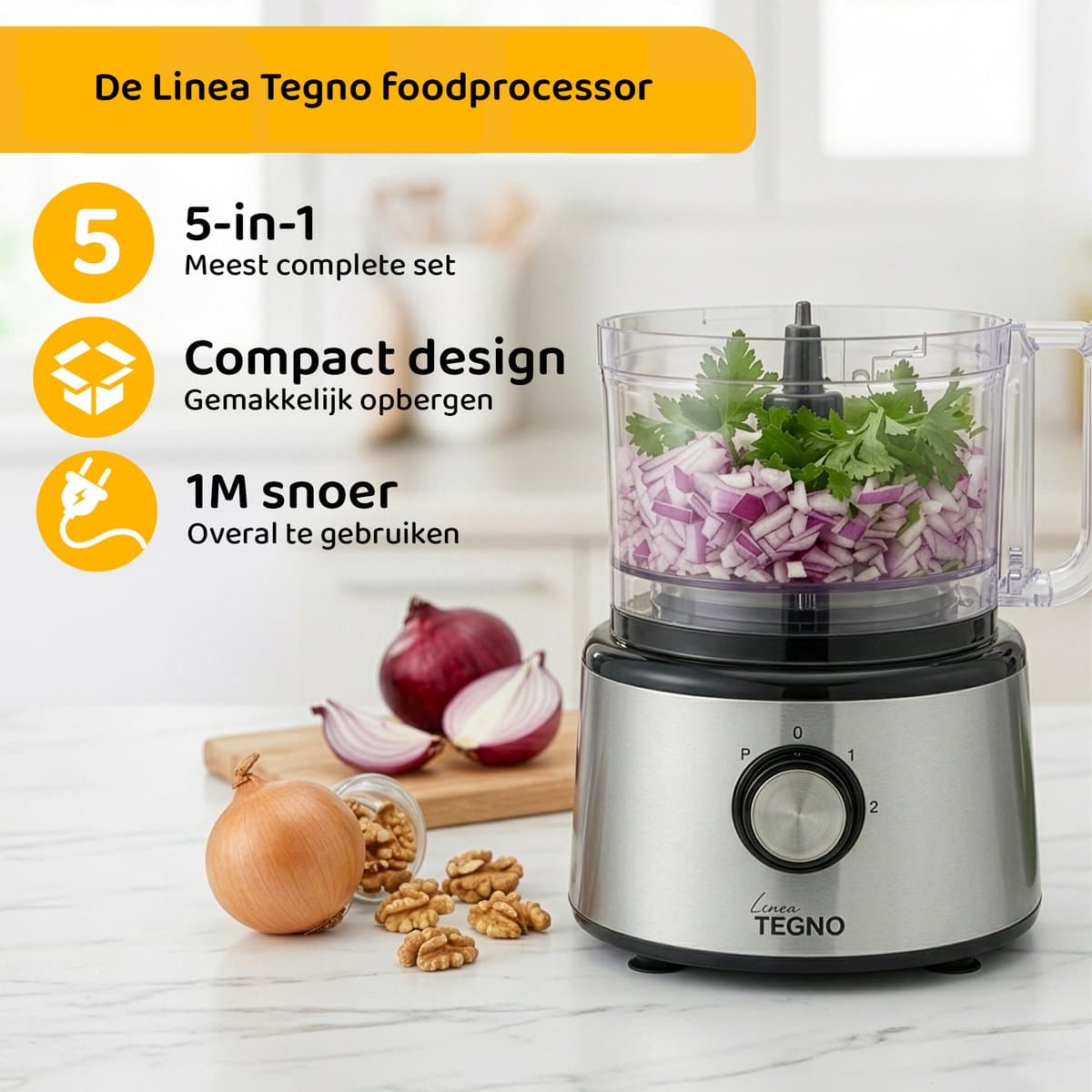 Linea Tegno Food Processor PRO-FP8001 - 5-in-1 RVS keukenmachine: blender, hakmolen, groentesnijder, citruspers en mixer in één. Voor groenten, fruit, noten, soepen, deegsoorten. 2,3L kom - Sinaasappels persen. 2,7L blender voor smoothies & shakes