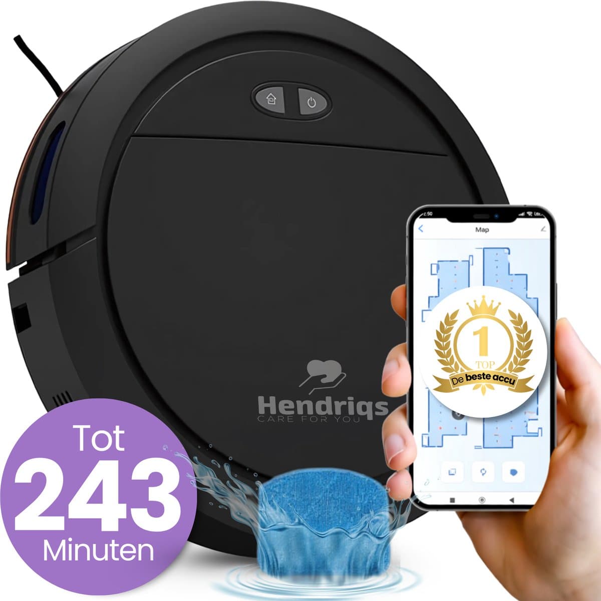 Hendriqs® Robotstofzuiger met Dweilfunctie en Laadstation - Geschikt voor Huisdieren - Tot 243 Minuten Accuduur & Krachtige Zuigkracht - Elektrische Stofzuiger Robot - Dweilrobot - Vacuum Cleaner