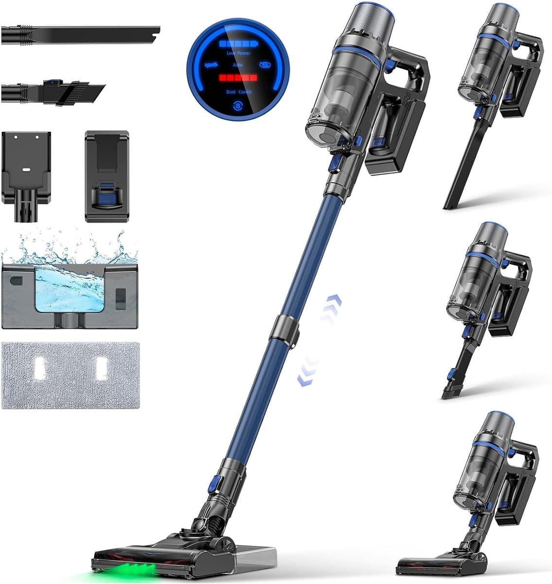 Olvy Steelstofzuiger Draadloos - Met Dweilfunctie - 5 Zuigniveaus - 350W - Vacuum Cleaner - Draadloze Snoerloze Stofzuiger - Zonder Zak - Op Accu - 35Kpa - Kruimeldief