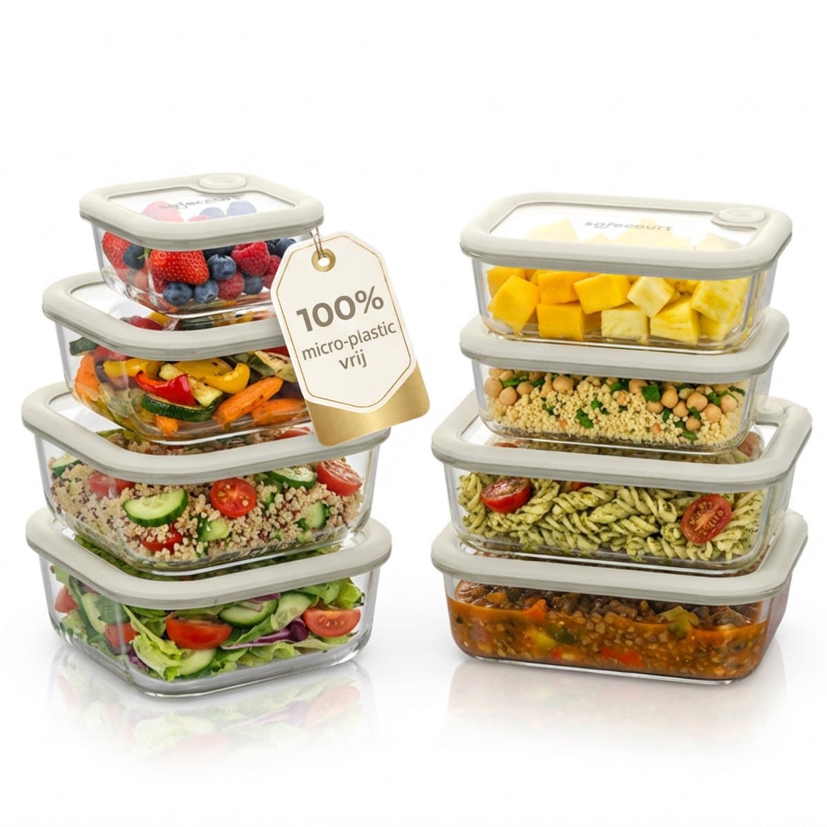 Safecourt vershoudbakjes - volledig van glas (100% micro-plastic vrij) - oven, vriezer, magnetron en vaatwasser - 8 delige set