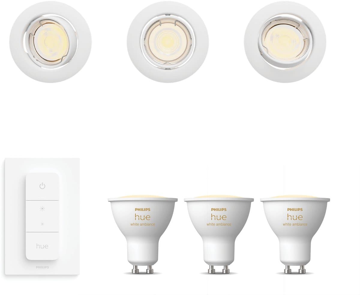 Philips Hue Peridot Set van 3 Inbouwspots (Wit) - Rond - Richtbaar - GU10 - Warm tot Koelwit Licht - Incl. Hue Dimmer Switch - Hue White Ambiance