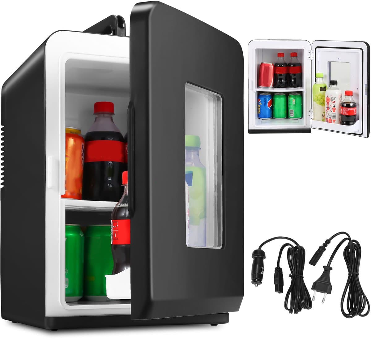 15L Mini koelkast - 2-in-1 Minibar - Koel & warm - AC/DC 230V/12V - Draagbare Mini Autokoelkast - Voor Auto, Kantoor, Camping & Thuis Eten, Drinken - Zwarte Glazen Deur
