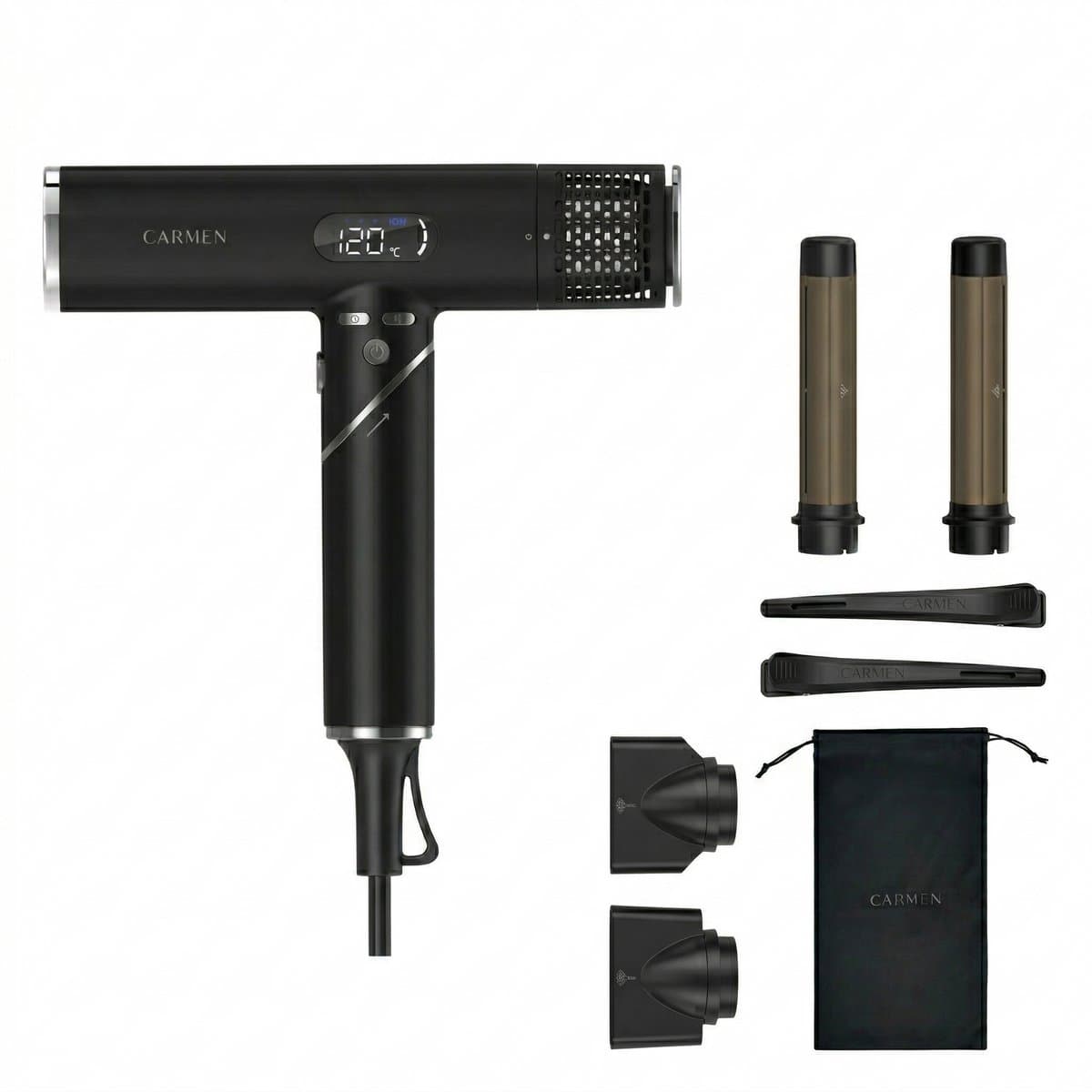 Carmen CHD1640B - Föhn - Krachtige Haardroger - ION Technologie - Inklapbaar - 110.000 RPM Motor - 2 Blaasmonden - Zwart