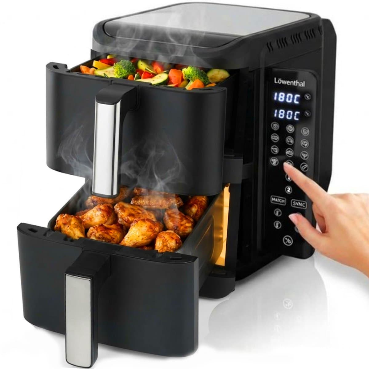 Dubbele Airfryer XXL 11L - BPA & PFAS Vrij - Dual Heteluchtfriteuse XL Tot 8 Personen - Slimme Functies: Smart Finish & Match Cook 60–200°C - Vaatwasserbestendige Manden - Antiaanbaklaag - 2800W - Vaderdag Cadeau voor Papa - Zwart - Löwenthal