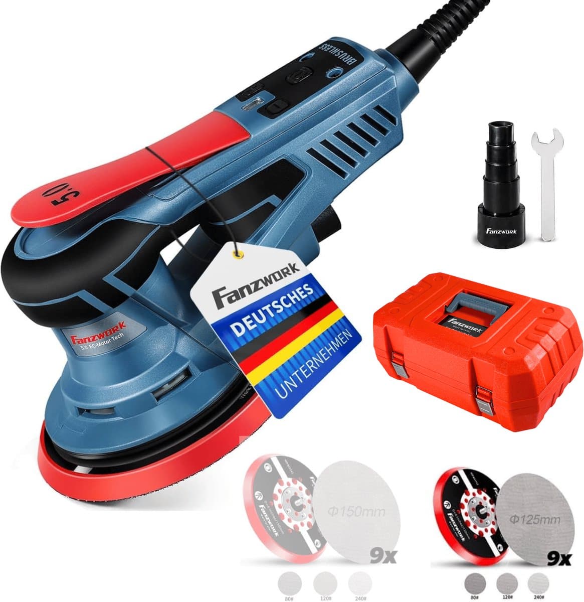 Borstelloze Excentrische Schuurmachine 350W – 5 mm Excenter – 125/150 mm – Regelbaar – Met Koffer