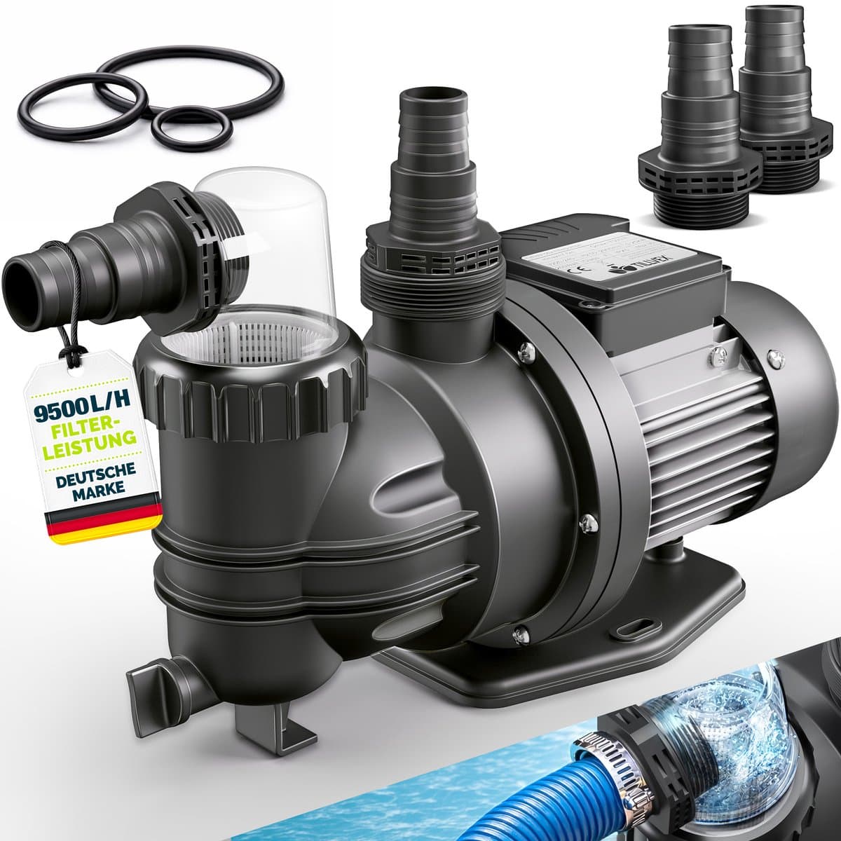 tillvex® Filterpompe Zwembad 9.500L/u & 550W | Zwembadpomp Opvoerhoogte max. 10m | Poolfilter Circulatiepomp voor 40m³ Zwembaden | Zwembadpomp Zelfinzuigend voor Opzetzwembad Spa met Voorfilter