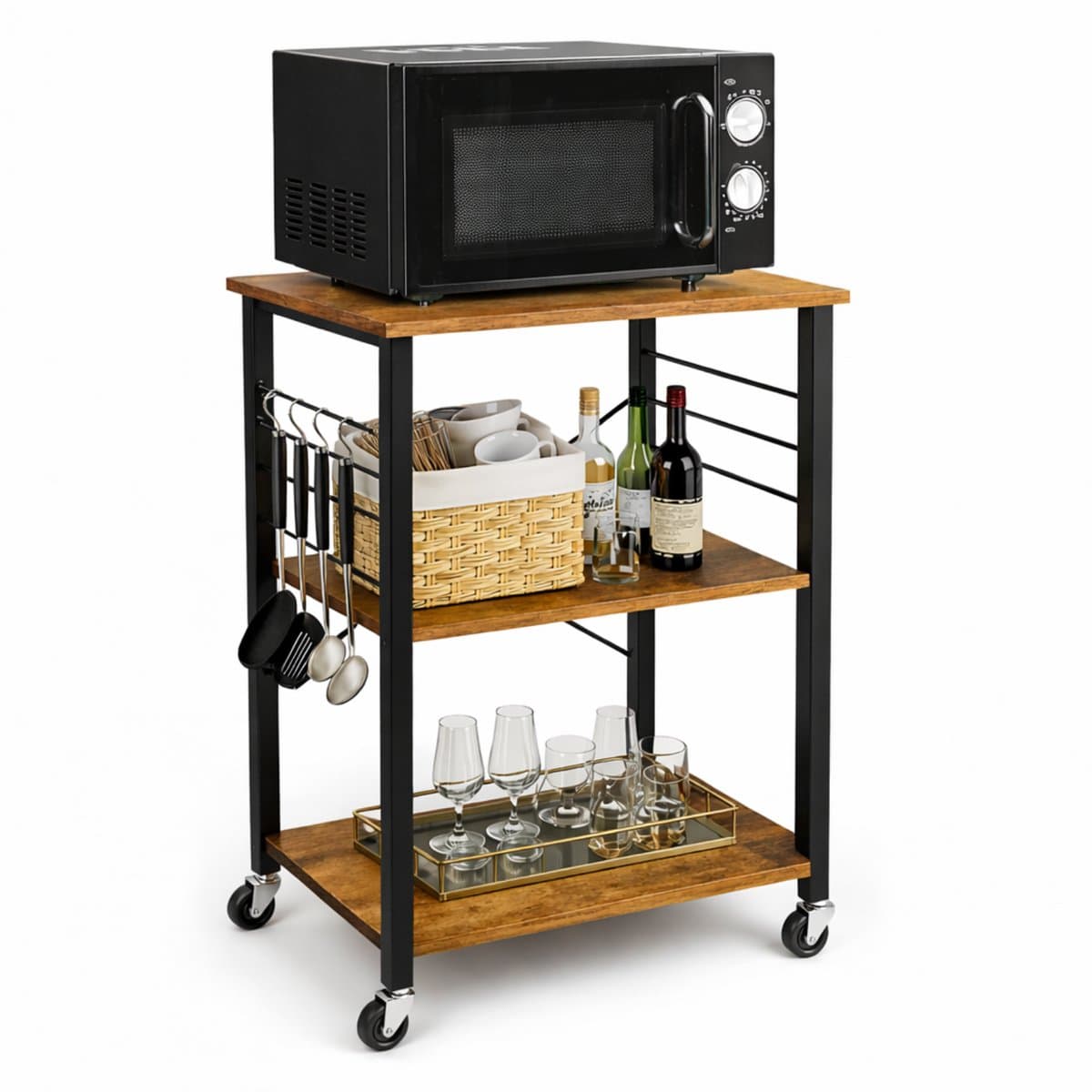Luxaliving Keukentrolley op Wieltjes – 3 Niveaus – Industrieel Keukenrek met Houten Planken – Magnetron Rek – Keukenkastje – Serveerwagen – Bruin/Zwart – 60 x 40 x 89 cm