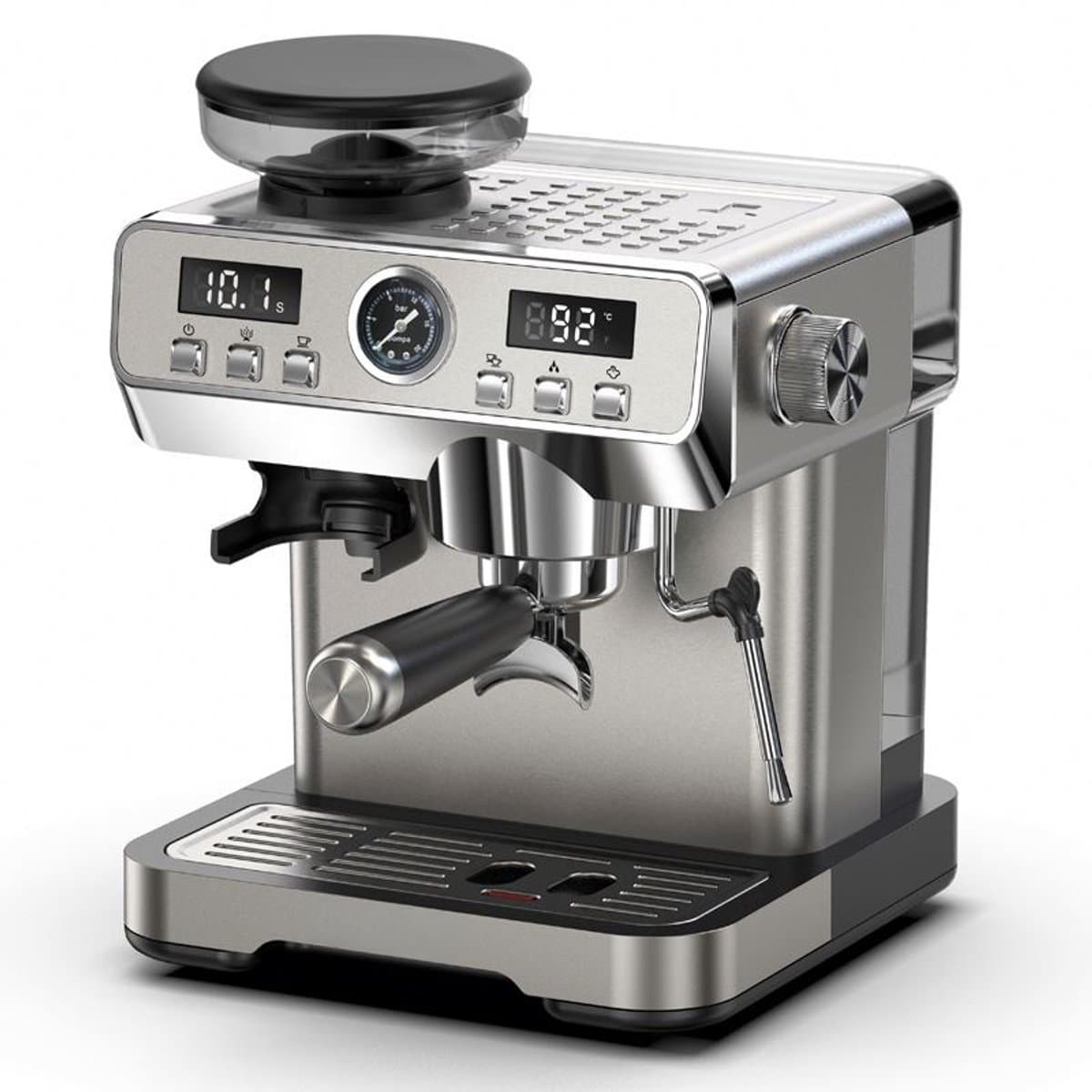 Bresco® Barista Espressomachine – Pistonmachine met Koffiemolen – RVS Koffiemachine melkopschuimer – Bonenmaler – Brushed Stainless Steel