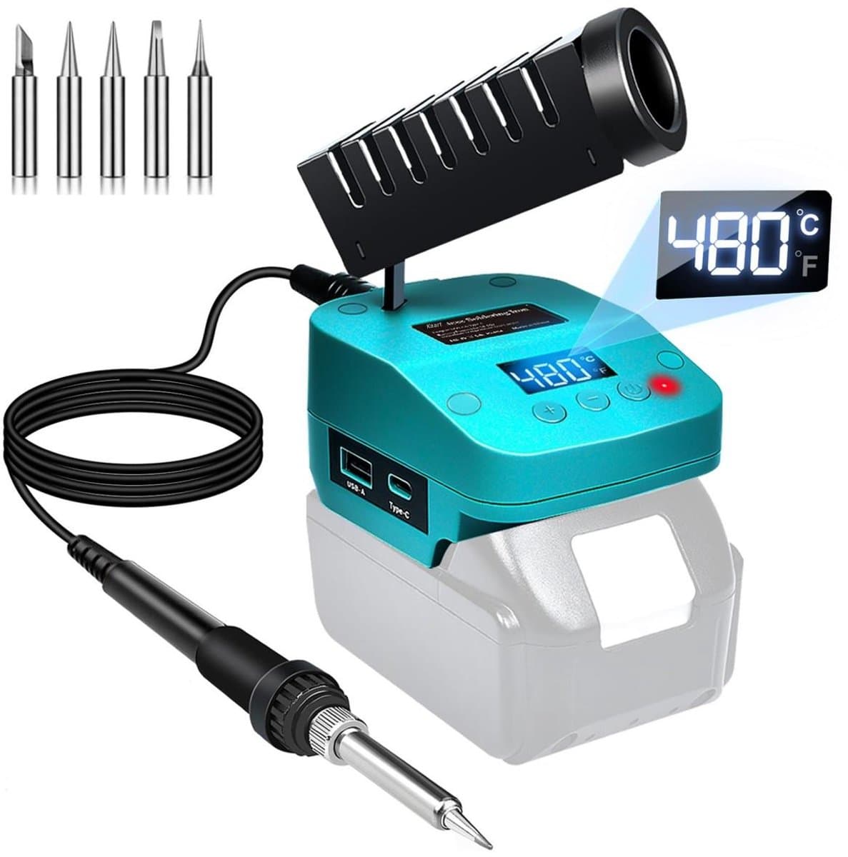 GELLDG Soldeerbout met Snel Opwarmen - Draadloze Lötstation met USB-C & Type-C Poorten - Automatisch Temperatuur Geheugen - Geschikt voor Makita 18V Accu - Voor Elektronica Reparatie en Huisprojecten - Kunststof Behuizing - 5.2x11.4x8.5cm