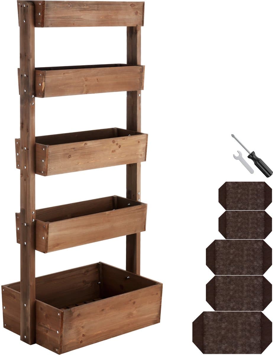 tectake® Verticale Tuin Flora - Met 5 Plantenbakken voor Bloemen, Kruiden of Groenten - Bruin - 81 x 52 x 180 cm - Kweekbak voor Moestuin - Kantelbare Bloembakken van Gelakt Dennenhout - Inclusief Vliesdoek/Worteldoek - Weerbestendig en Stabiel