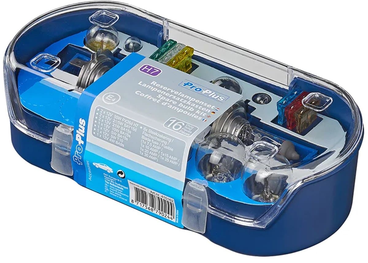 ProPlus 16-delige Reservelampenset H7 – Voor 12V autoverlichting – Inclusief lampen en steekzekeringen – Kleurloos