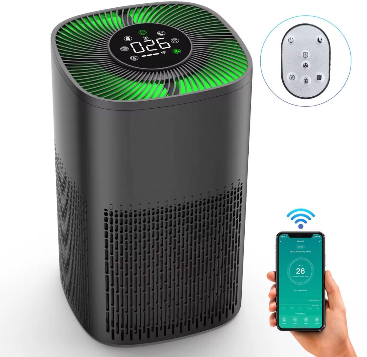 Smart Air Purifier DN-905 - Luchtreiniger met HEPA-filter - Voor Baby & Slaapkamer - Stil (≤ 65 dB) - App & Afstandsbediening - 36 m² Dekking - Zwart