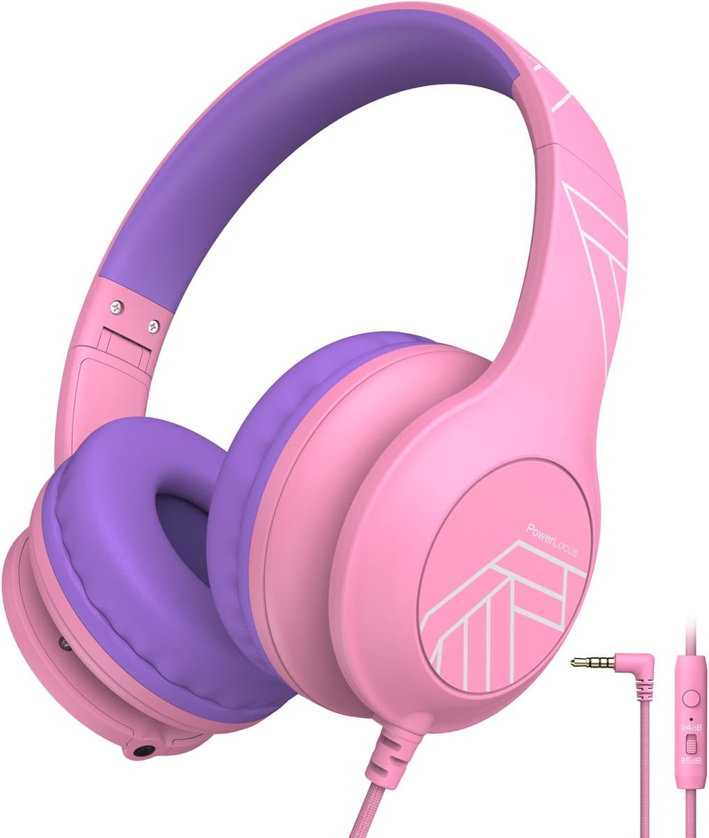 PowerLocus PLED Wired Kinder Koptelefoon met Draad - Koptelefoon voor kinderen - Veilig volume van 85dB en 94dB - Hoofdtelefoon - Met microfoon - Sharing Audio Functie - Roze