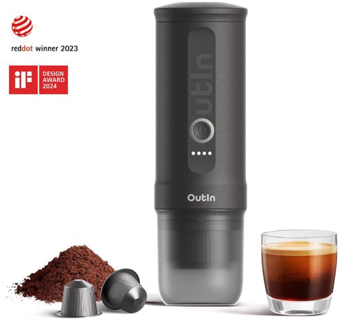 Outin - Draagbare Elektrische Espressomachine | Koffiezet apparaat voor Onderweg | Capsules & Gemalen Koffie | Portable Espresso Machine | Snelle Waterverwarming | 20 bar | Draagbare Koffiemachine | Reis & Camping Koffiezetapparaat | 12 volt