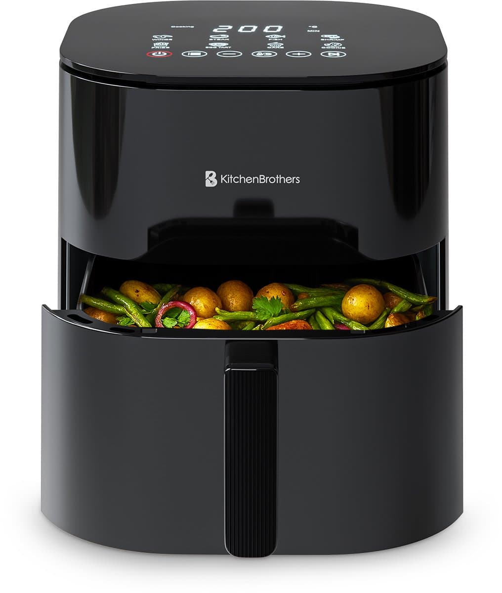KitchenBrothers Airfryer XL - 5L - 2000W - PFAS-Vrij - Heteluchtfriteuse - Dual Heating - 80ºC tot 200ºC - 8 Kookprogramma's - Zwart