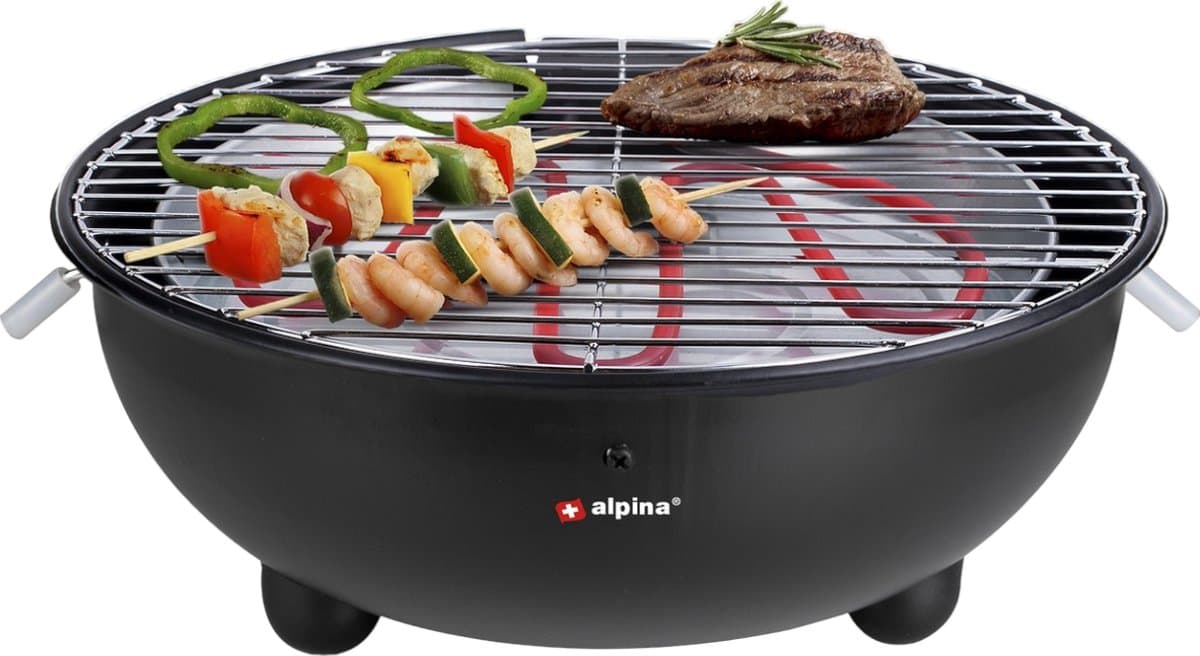 alpina Elektrische BBQ 1250W - Tafel Barbecue zonder Rook - Barbecuegrill met Grillrooster Ø30cm - Geschikt voor Binnen Gebruik - Zwart