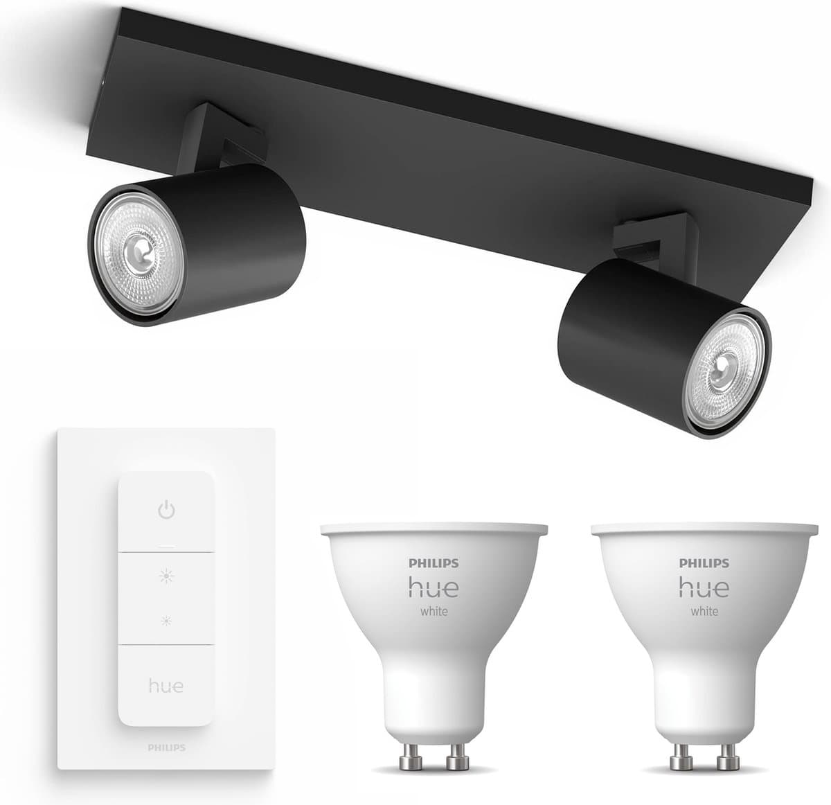Philips Hue Runner Opbouwspot (Zwart) - Warmwit Licht - Incl. Hue Dimmer Switch - Plafondspot met 2 Lichtpunten - GU10 - Hue White