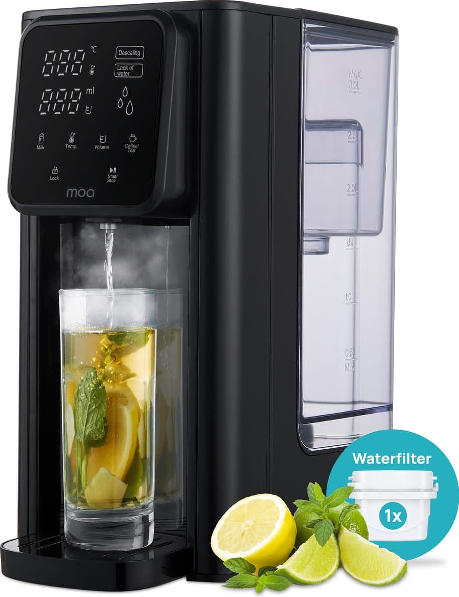 MOA Heetwaterdispenser 3L met Temperatuurregeling - Instant Waterkoker - BPA en PFAS Vrij - 45-100°C - Melkfunctie - Heetwatertap - BPA-vrij - Zwart