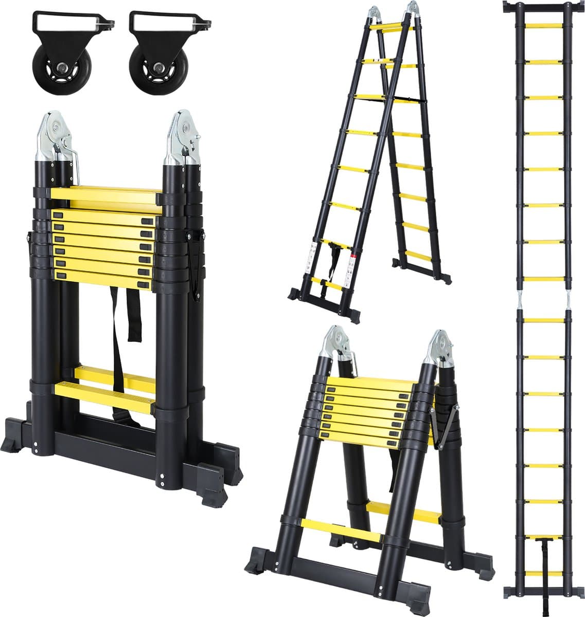 Telescopische Vouwladder - Telescopische Ladders - Soft Close - Werkhoogte 2,5+2,5 m -geel zwart met stabilisator + wielen