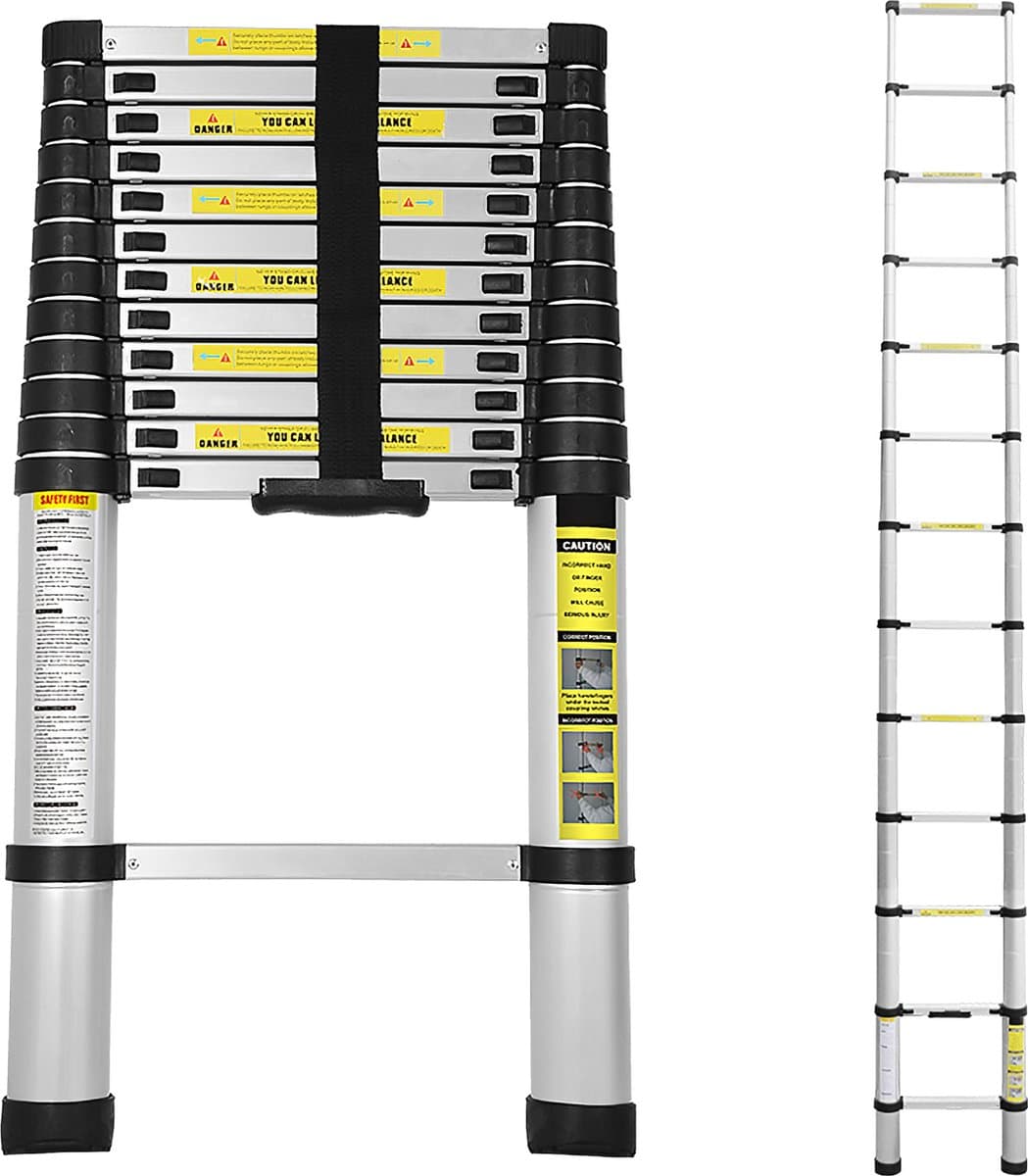 Telescopische Vouwladder - Telescopische Ladders - Soft Close - Werkhoogte 3,8 m - zilverachtig