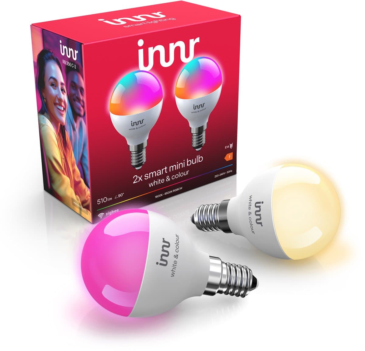 Innr Zigbee E14 slimme kogellamp, geschikt voor Philips Hue, Wit en Kleur, 16 miljoen kleuren, dimbaar, 510 lumen, 2-Pack