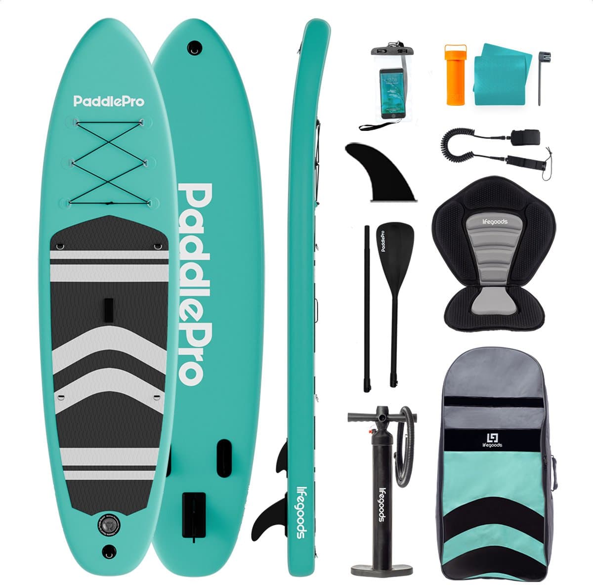 LifeGoods PaddlePro SUP Board - met Zitje - Opblaasbaar Paddle Board - Complete Set - Max. 150KG - 320x81cm - Mintgroen/Zwart