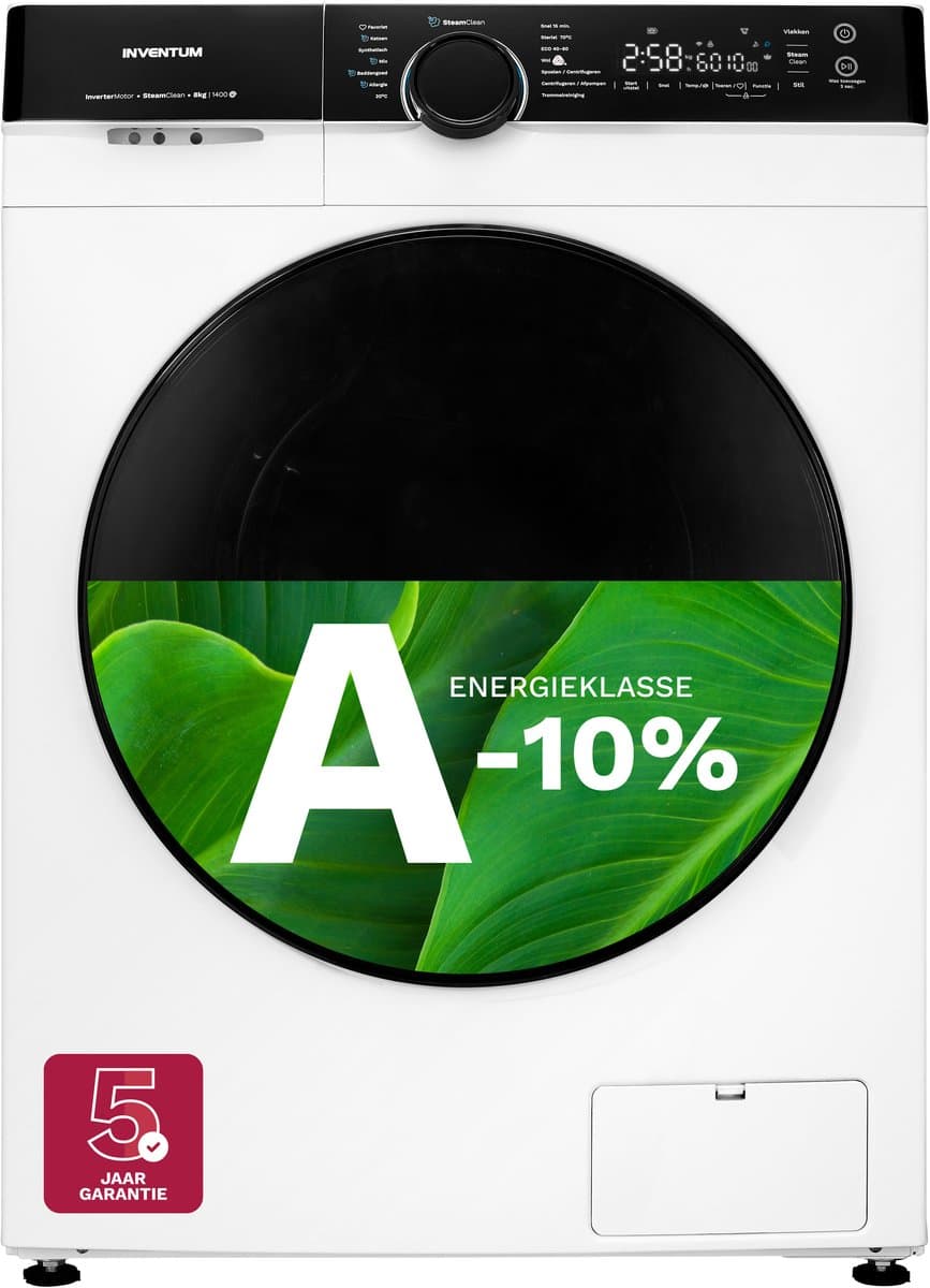 Inventum VWM8010W - Wasmachine - 8kg - 14 programma's - 1400 toeren - Energieklasse A-10% - Steam Clean - Stil: 72 dB - Wit/Zwart