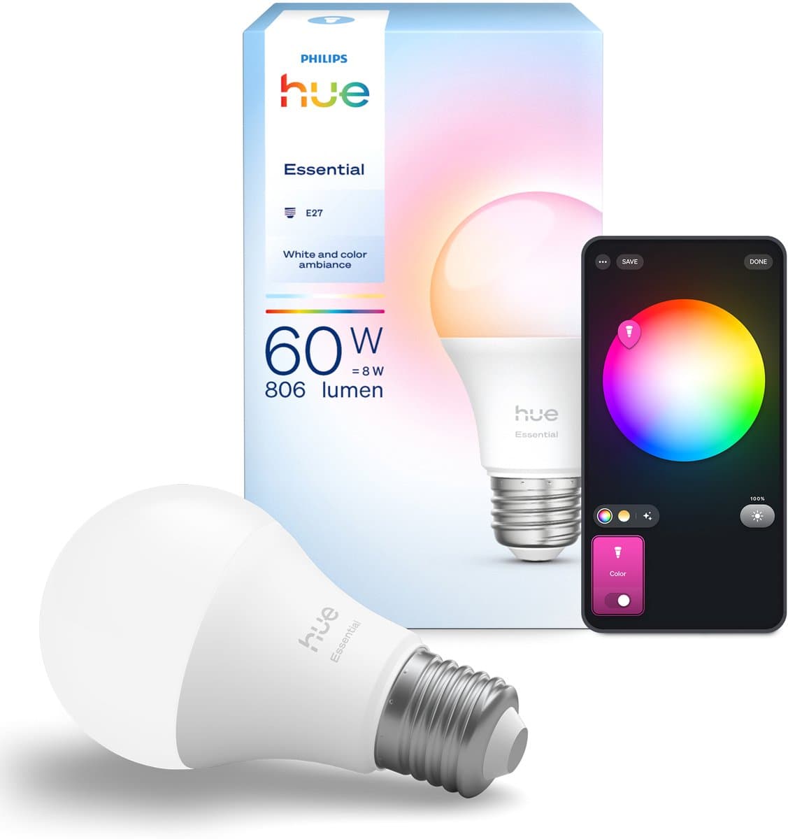 Philips Hue Essential Slimme A60 lamp - Wit en gekleurd licht