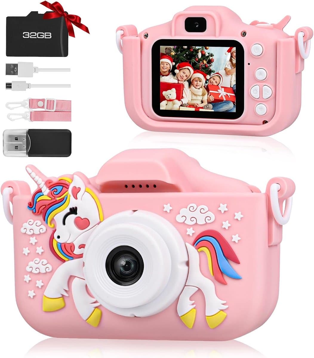 Yammii | Kindercamera HD 1080P - Nieuwste model 2026 - Digitale Camera met Selfiecamera - Inclusief 32GB SD Kaart - Foto Video en Spelletjes - Roze Unicorn