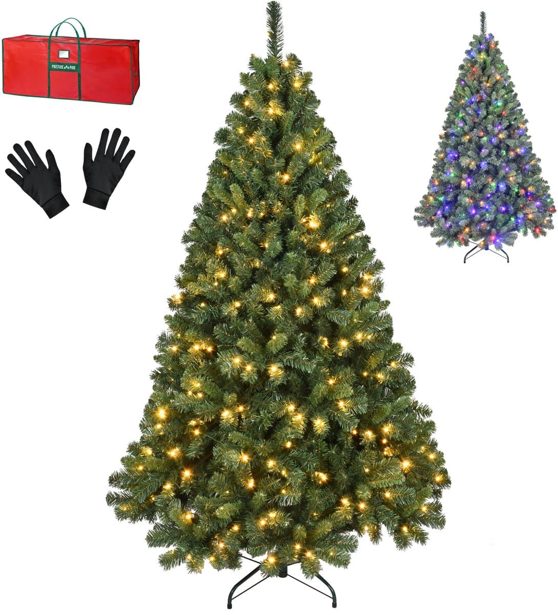 PristinePine Volle kerstboom met verlichting (380 LED lampjes) - 210 cm Kunstkerstboom inclusief opbergtas en handschoenen - Gekleurde lichtjes - 1404 Takken